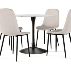 Caitly Spisebord 100 cm Rundt Sort base + 4 stk Nibe stol beige med sorte ben - Hvid/Sort/Beige