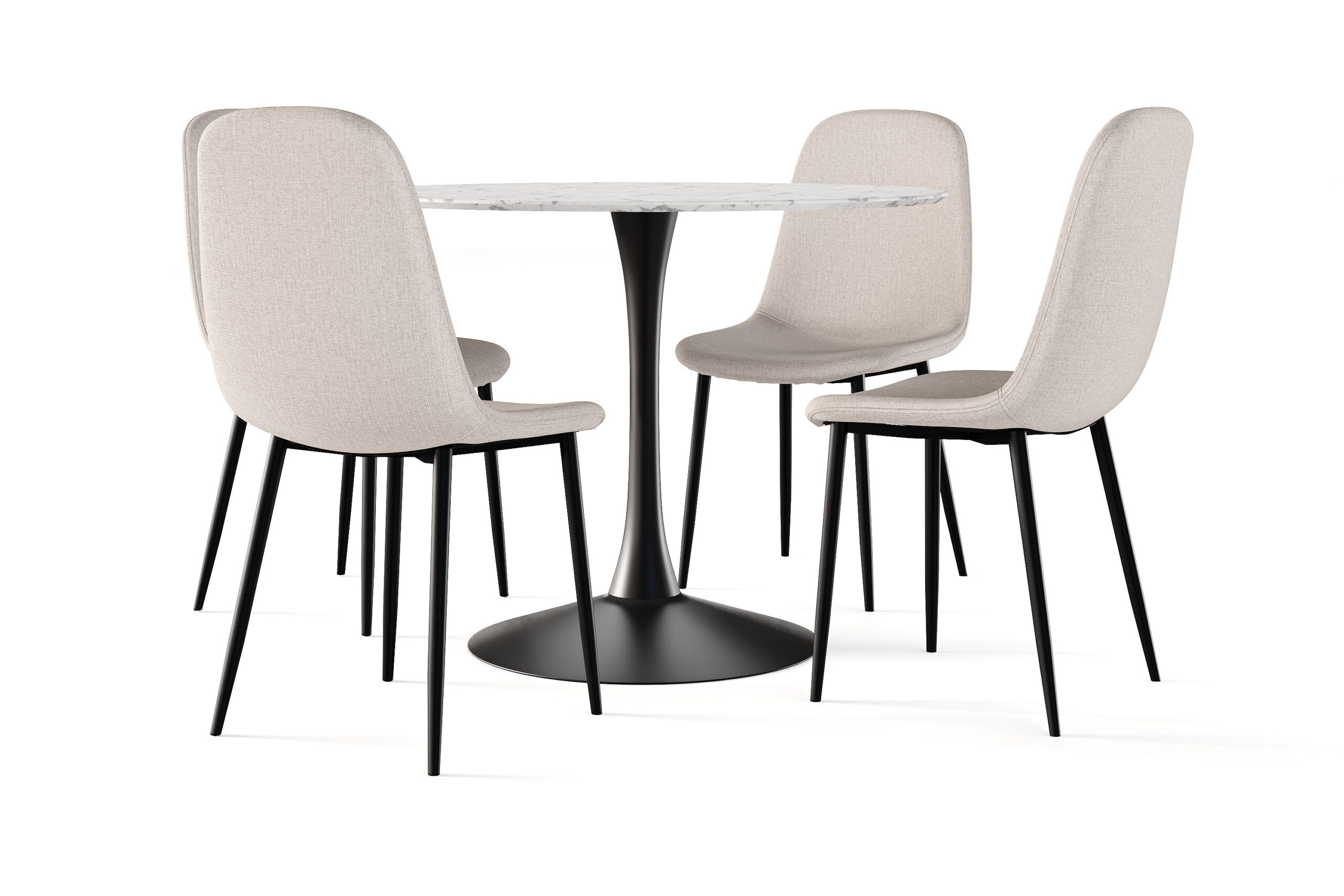 Caitly Spisebord 100 cm Rundt Sort base + 4 stk Nibe stol beige med sorte ben - Hvid/Sort/Beige