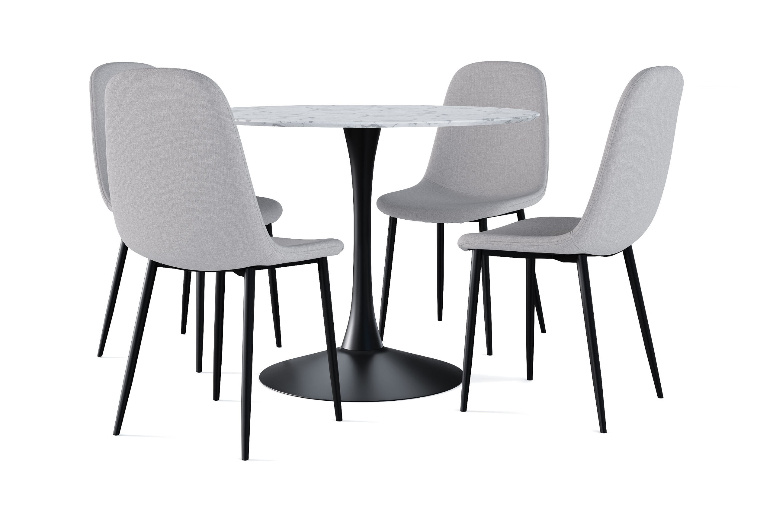 Caitly Spisebord 100 cm Rundt Sort base + 4 stk Nibe stol grå med sorte ben - Hvid/Sort/Grå