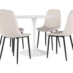 Caitly Spisebord 100 cm Rundt hvid base + 4 stk Nibe stol beige med sorte ben - Hvid/Beige