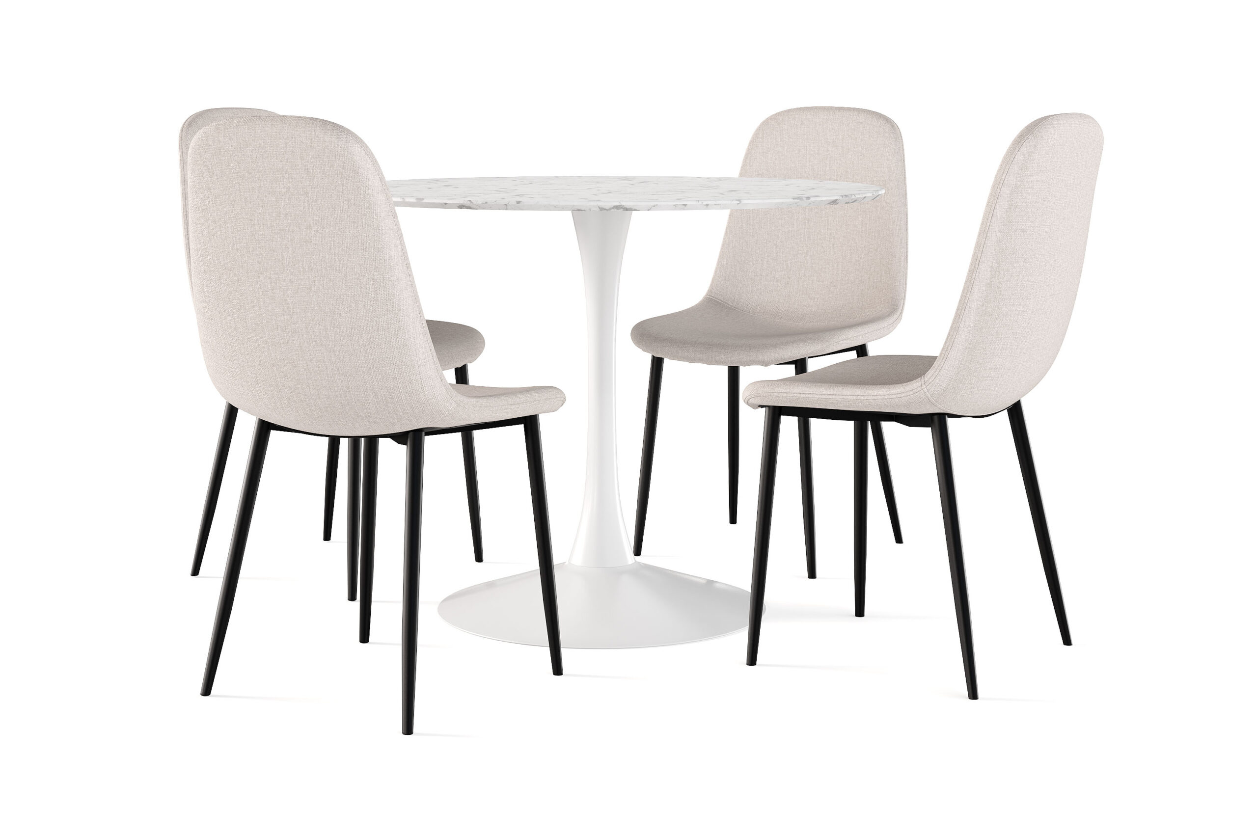 Caitly Spisebord 100 cm Rundt hvid base + 4 stk Nibe stol beige med sorte ben - Hvid/Beige