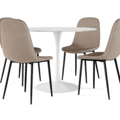 Caitly Spisebord 100 cm Rundt hvid base + 4 stk Nibe stol brun med sorte ben - Hvid/Brun