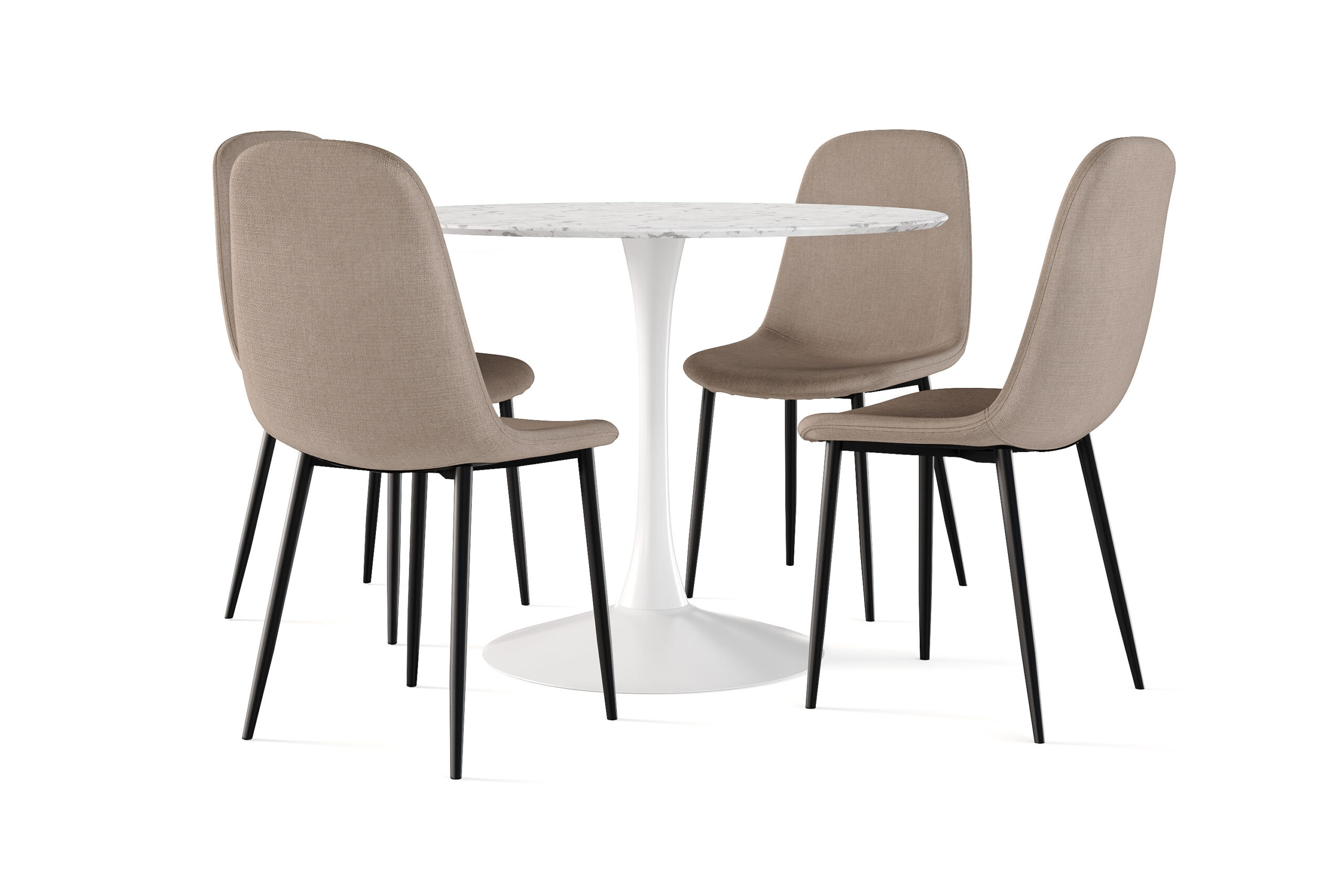 Caitly Spisebord 100 cm Rundt hvid base + 4 stk Nibe stol brun med sorte ben - Hvid/Brun