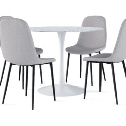 Caitly Spisebord 100 cm Rundt hvid base + 4 stk Nibe stol grå med sorte ben - Hvid/Grå