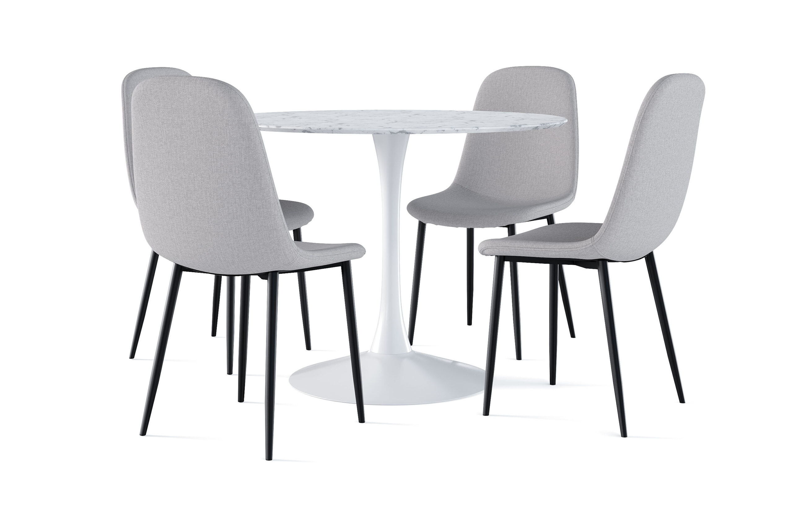 Caitly Spisebord 100 cm Rundt hvid base + 4 stk Nibe stol grå med sorte ben - Hvid/Grå