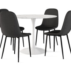 Caitly Spisebord 100 cm Rundt hvid base + 4 stk Nibe stol sort med sorte ben - Hvid/Sort