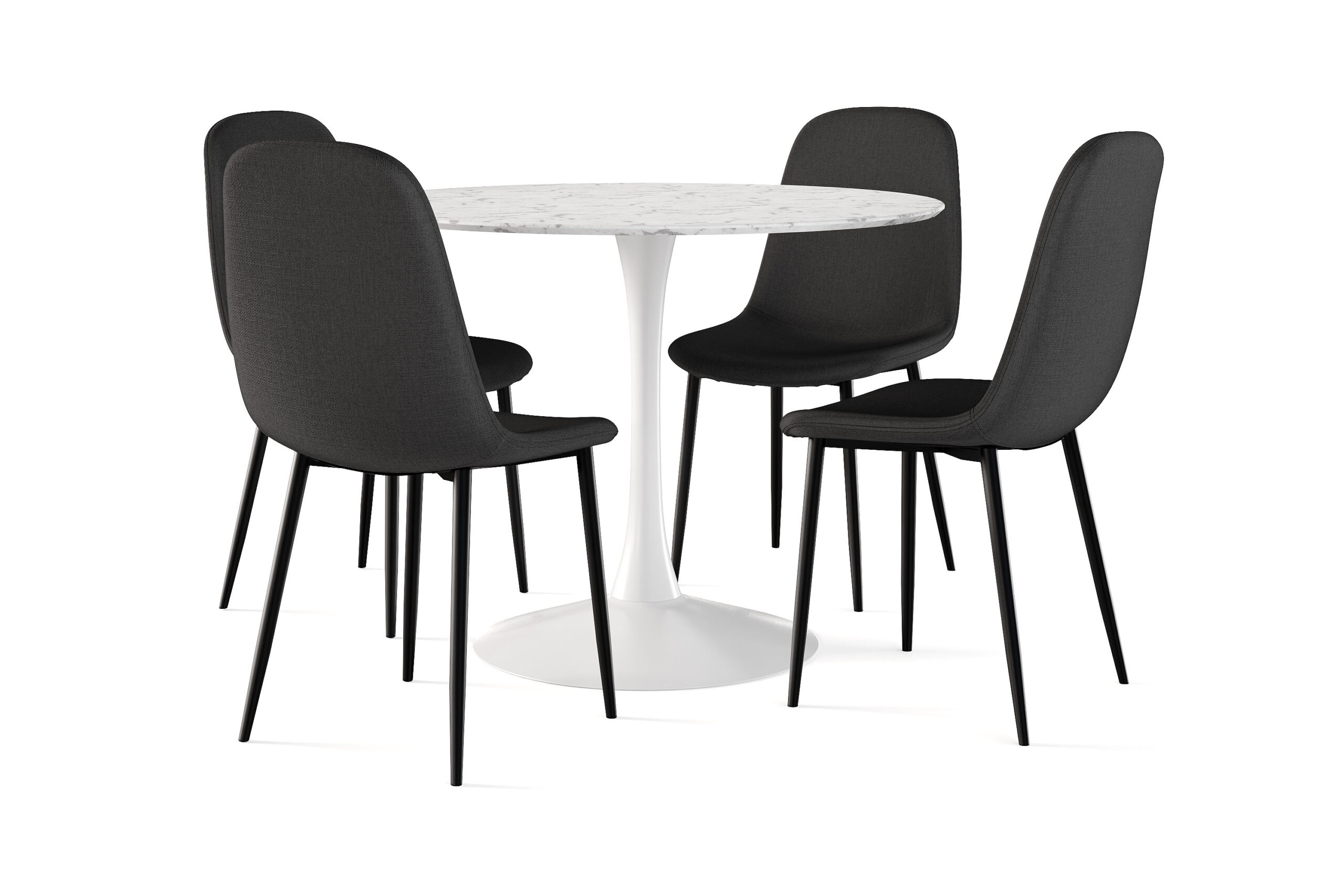 Caitly Spisebord 100 cm Rundt hvid base + 4 stk Nibe stol sort med sorte ben - Hvid/Sort