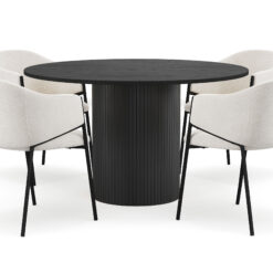 Kopparbo Rundt Spisebord 130 cm med 4 Filip Spisestole - Sort træ / Hvid Bouclé