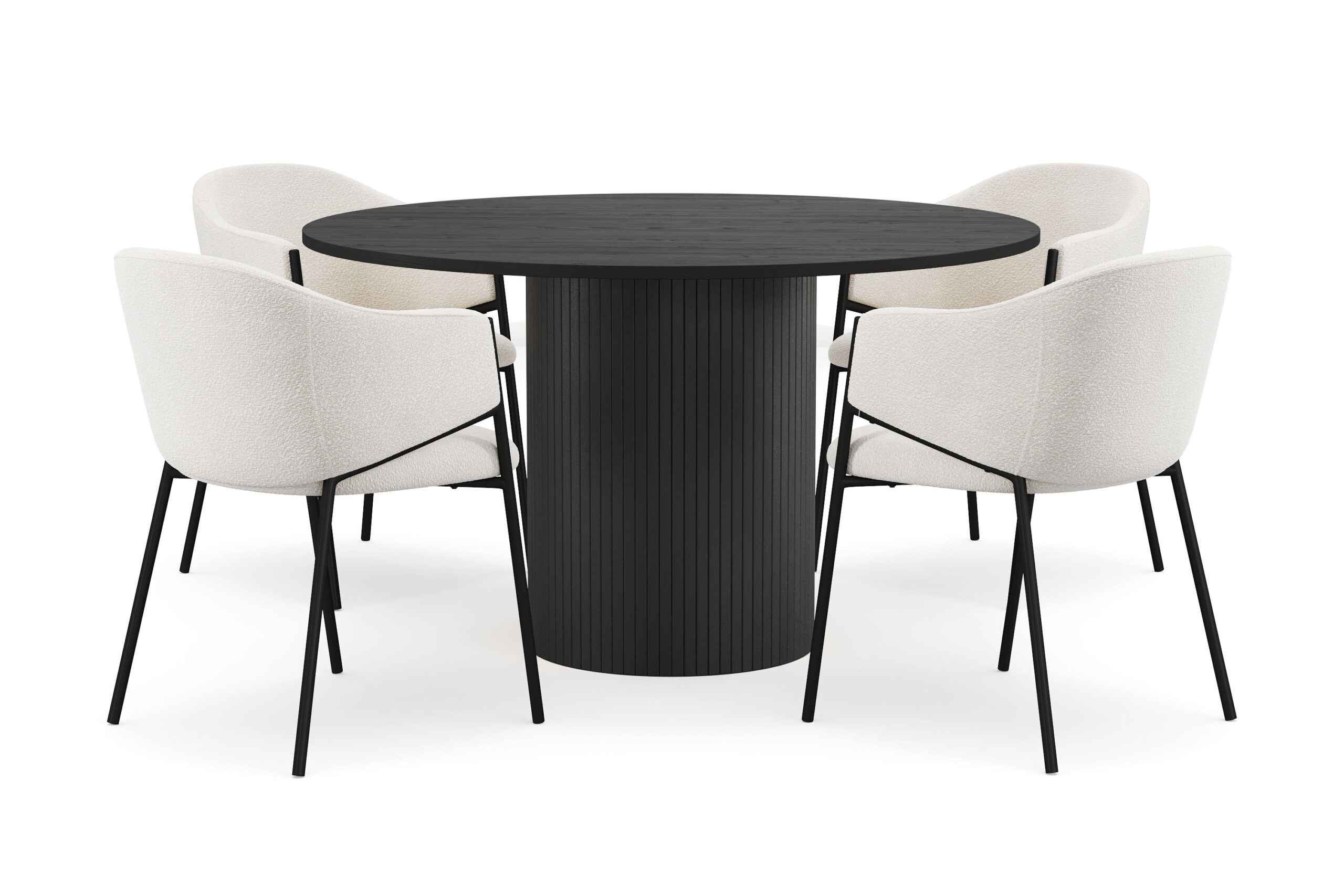 Kopparbo Rundt Spisebord 130 cm med 4 Filip Spisestole - Sort træ / Hvid Bouclé