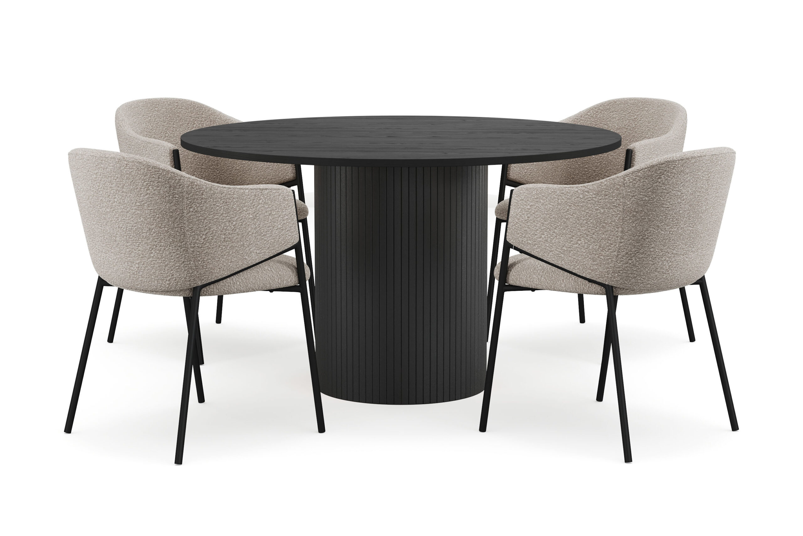 Kopparbo Rundt Spisebord 130 cm med 4 Filip Spisestole - Sort træ / Taupe Bouclé