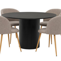 Kopparbo Rundt Spisebord 130 cm med 4 Greya Spisestole med armlæn - Sort træ / Greige Bouclé / Metalben Eg