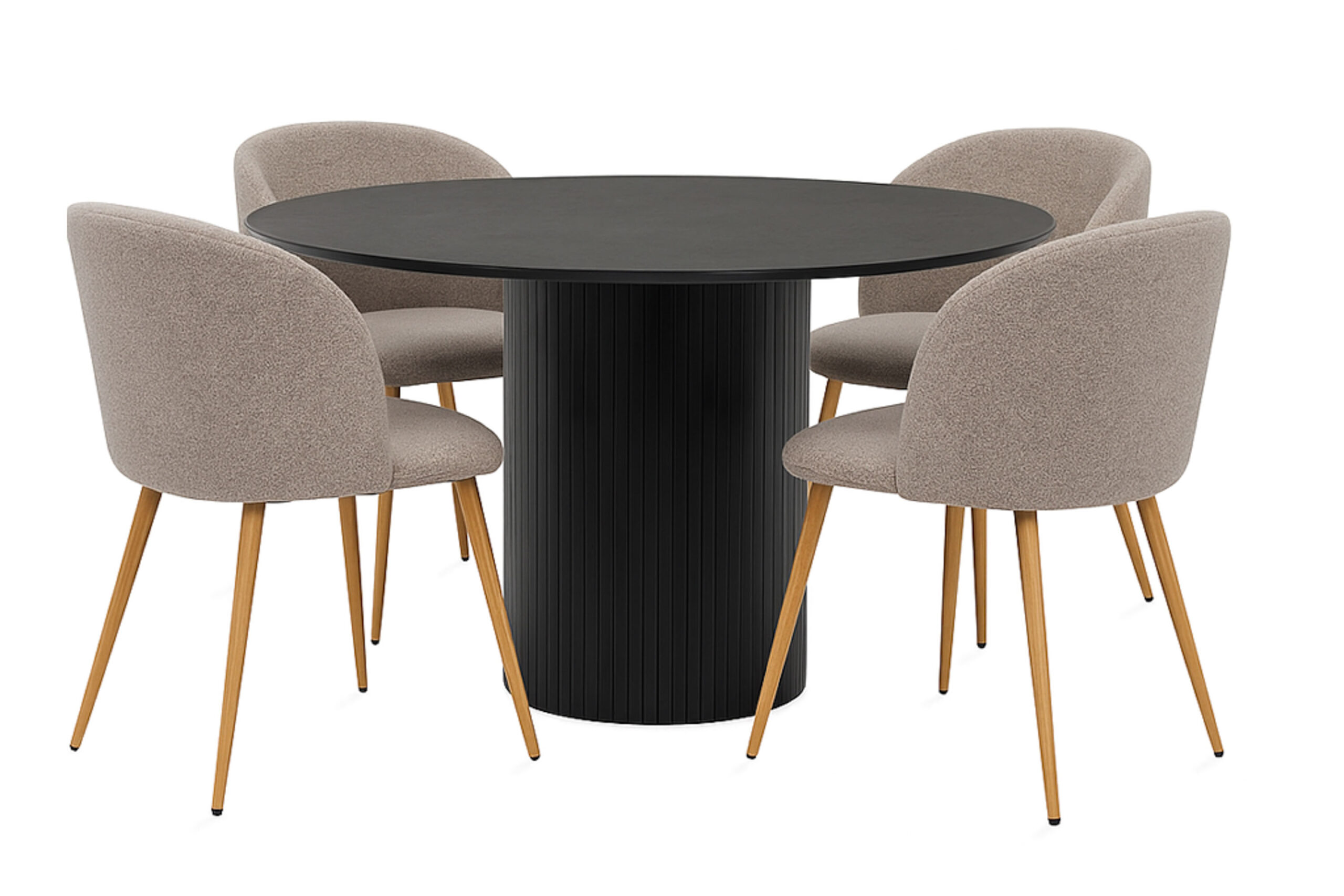 Kopparbo Rundt Spisebord 130 cm med 4 Greya Spisestole med armlæn - Sort træ / Greige Bouclé / Metalben Eg