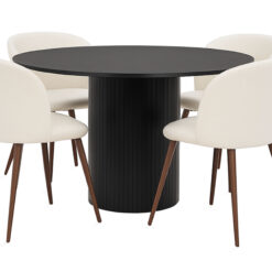 Kopparbo Rundt Spisebord 130 cm med 4 Greya Spisestole med armlæn - Sort træ / Hvid Bouclé / Metalben Valnød