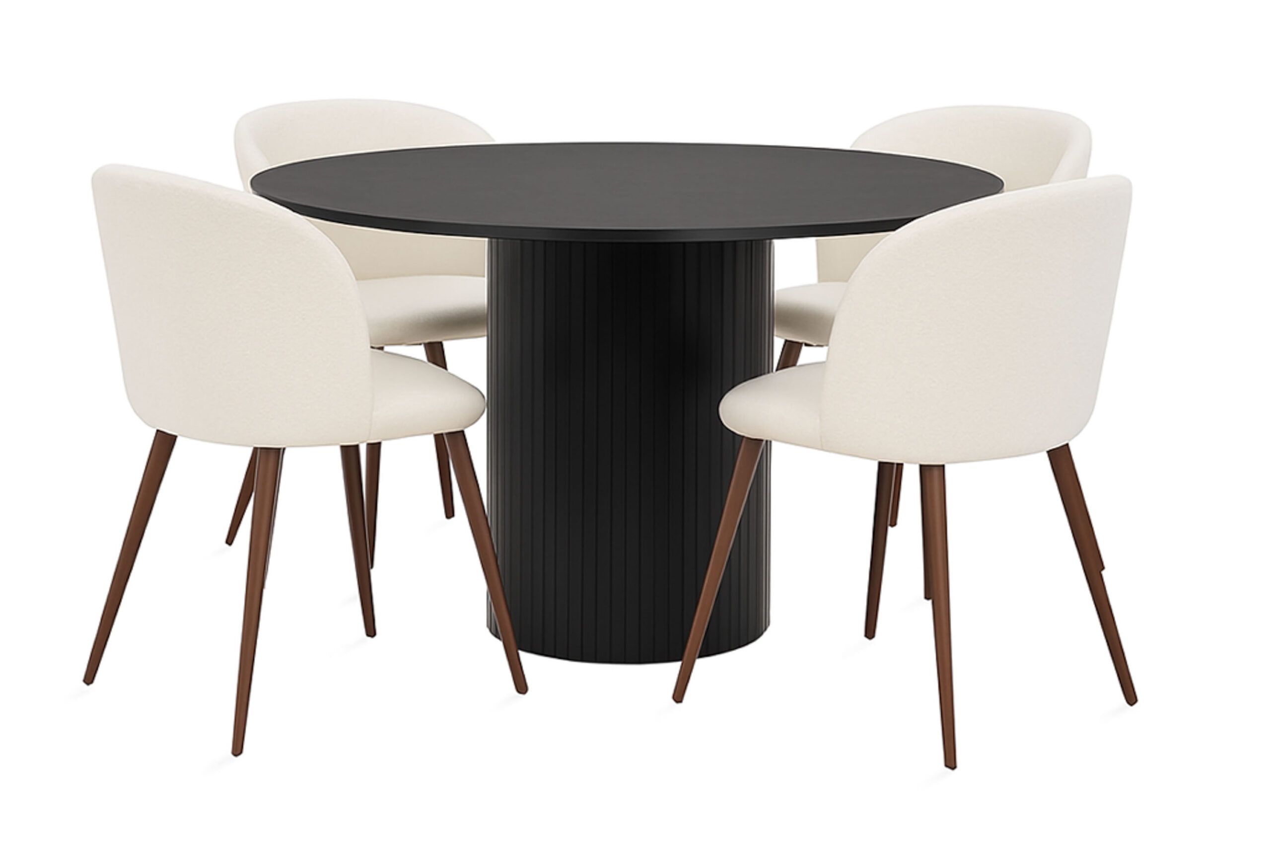 Kopparbo Rundt Spisebord 130 cm med 4 Greya Spisestole med armlæn - Sort træ / Hvid Bouclé / Metalben Valnød