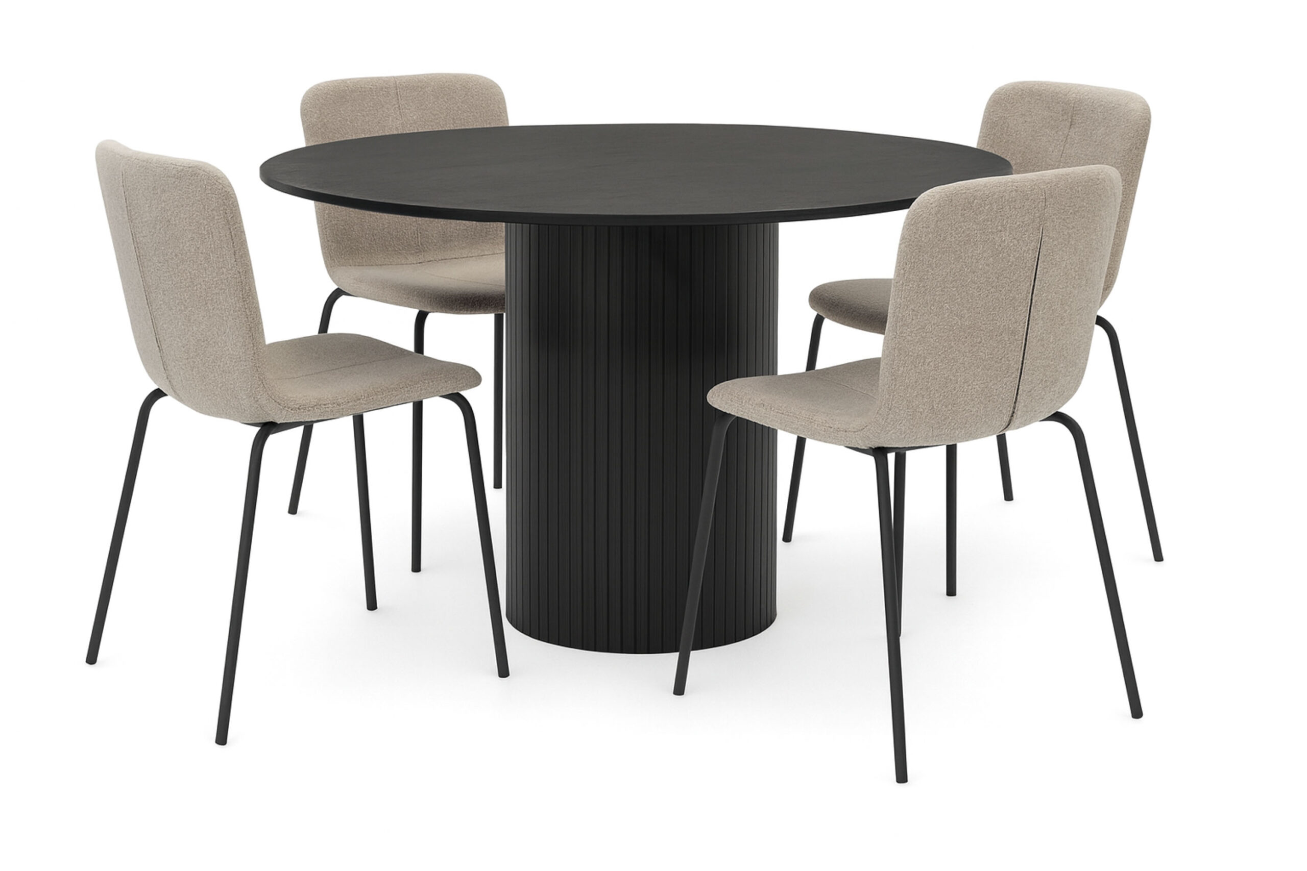 Kopparbo Rundt Spisebord 130 cm med 4 Katy Spisestole - Sort træ / Greige Bouclé / Metalben Sort