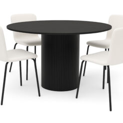 Kopparbo Rundt Spisebord 130 cm med 4 Katy Spisestole - Sort træ / Hvid Bouclé / Metalben Sort