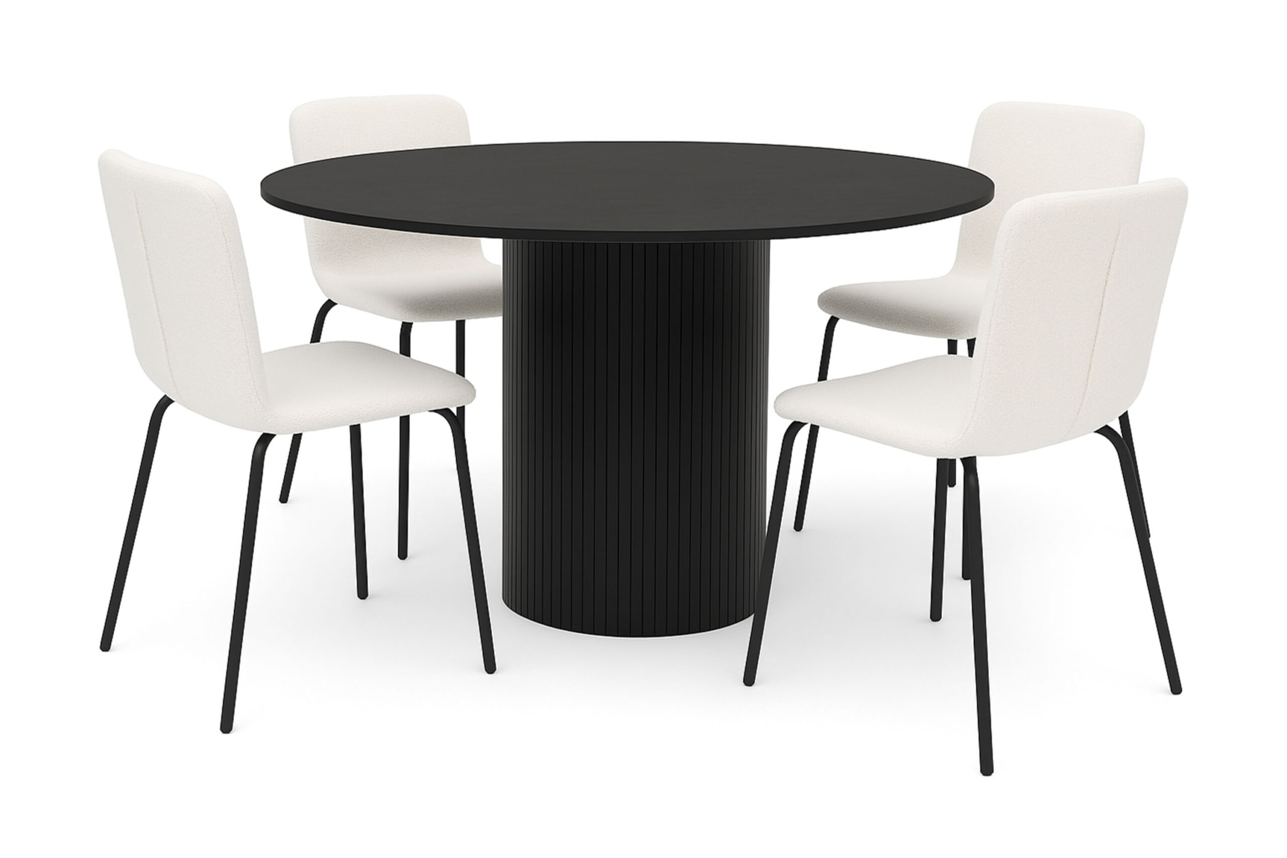 Kopparbo Rundt Spisebord 130 cm med 4 Katy Spisestole - Sort træ / Hvid Bouclé / Metalben Sort