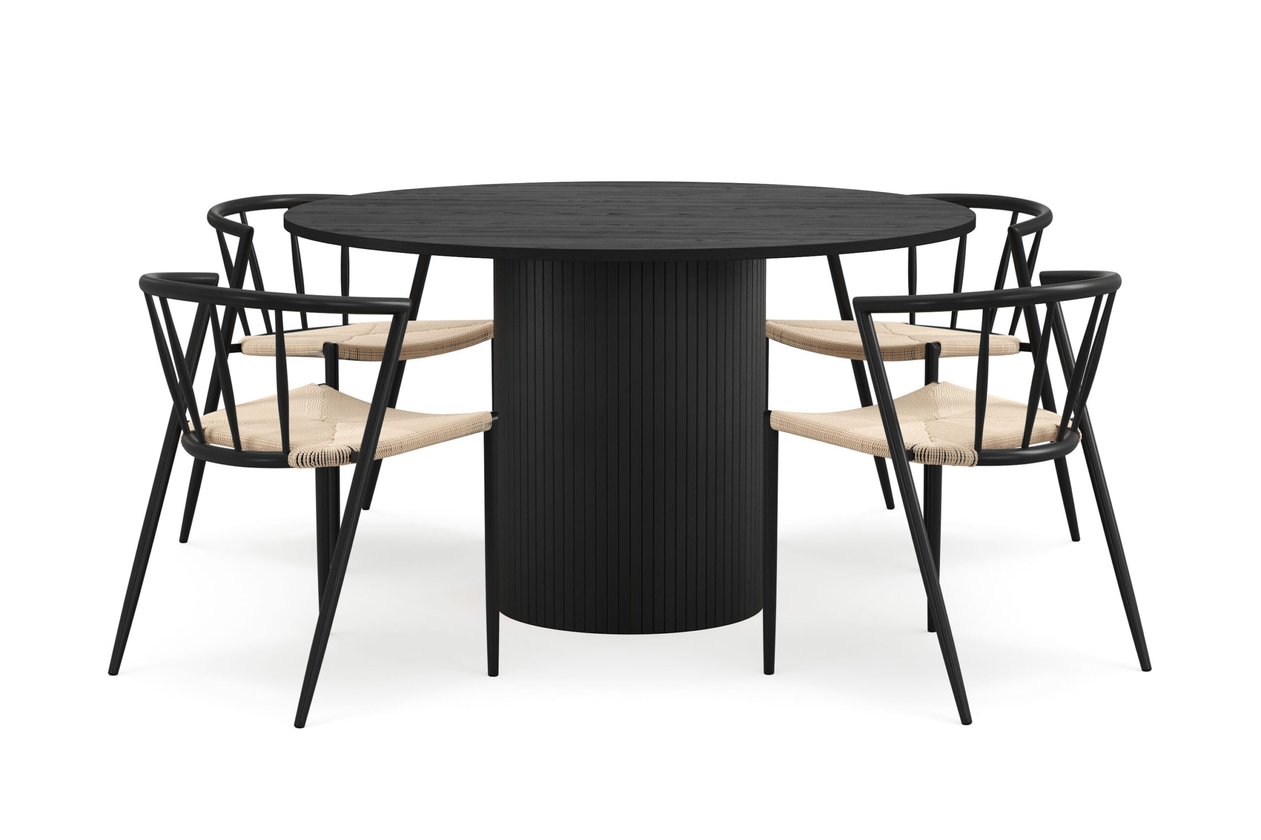 Kopparbo Rundt Spisebord 130 cm med 4 Winston Spisestole - Sort træ / Beige / Metalben Sort