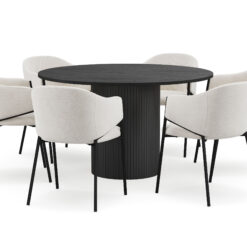 Kopparbo Rundt Spisebord 130 cm med 6 Filip Spisestole - Sort træ / Hvid Bouclé