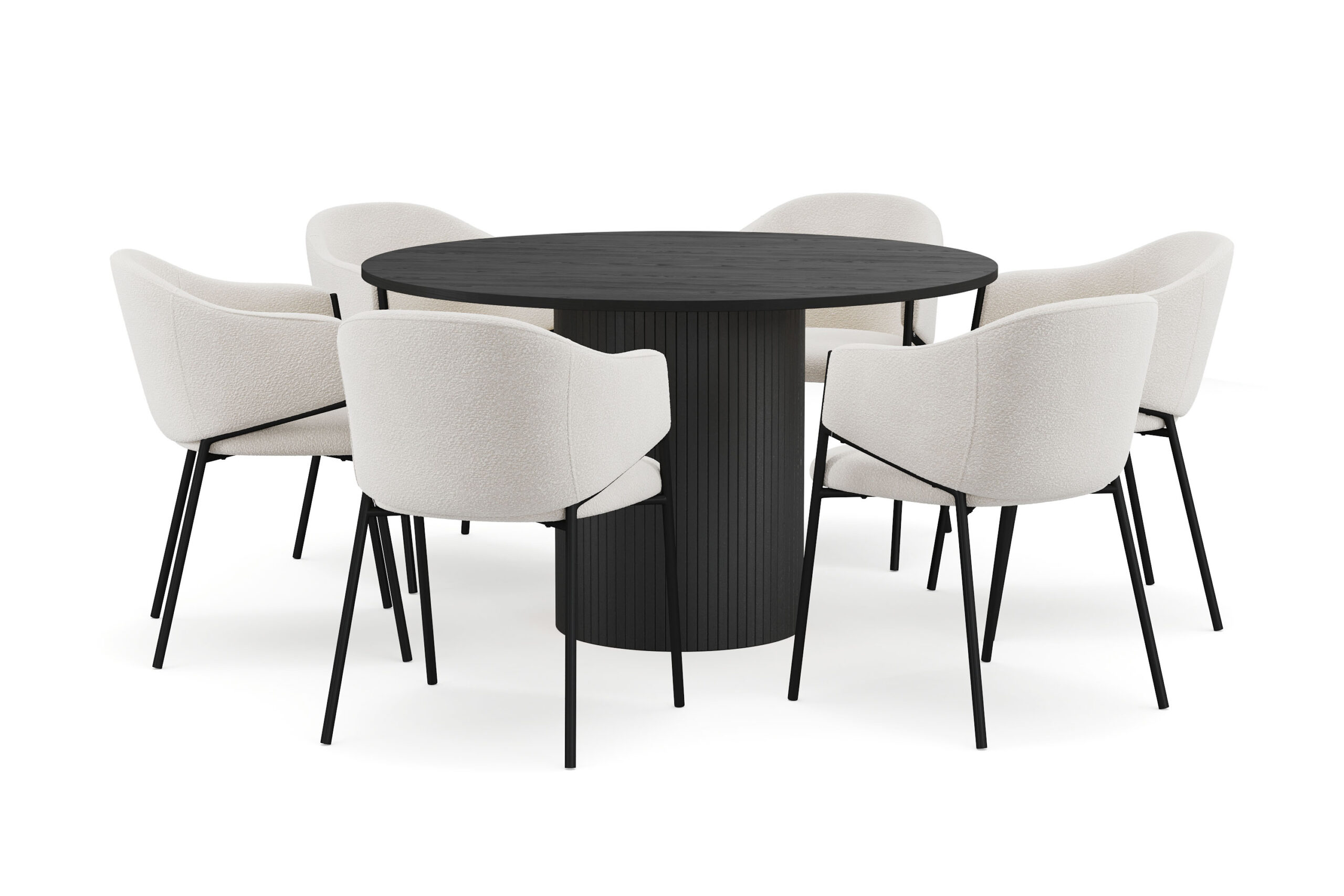 Kopparbo Rundt Spisebord 130 cm med 6 Filip Spisestole - Sort træ / Hvid Bouclé