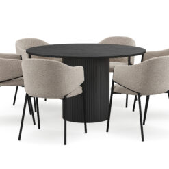 Kopparbo Rundt Spisebord 130 cm med 6 Filip Spisestole - Sort træ / Taupe Bouclé