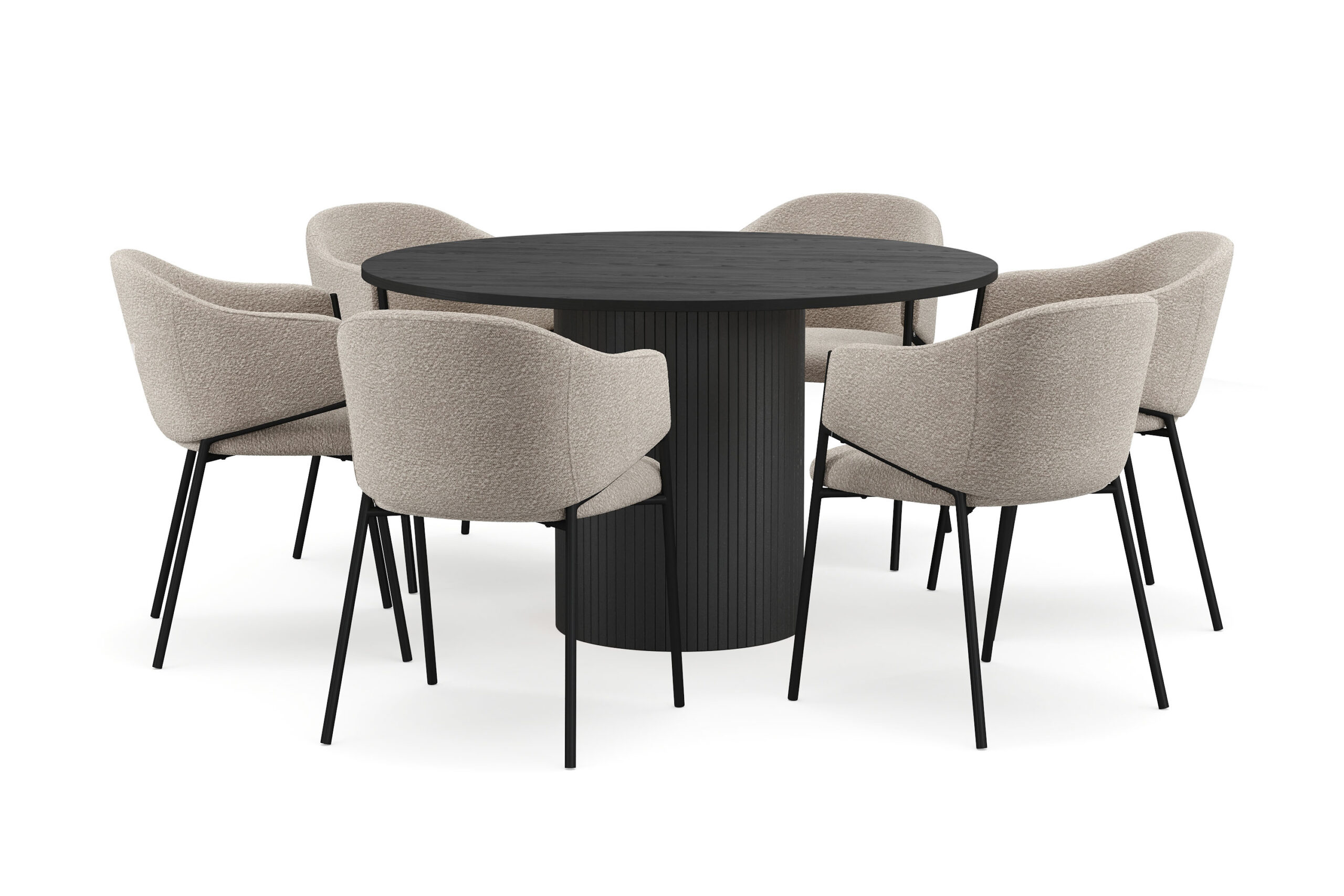 Kopparbo Rundt Spisebord 130 cm med 6 Filip Spisestole - Sort træ / Taupe Bouclé