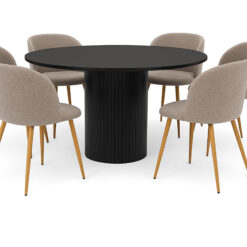 Kopparbo Rundt Spisebord 130 cm med 6 Greya Spisestole med armlæn - Sort træ / Greige Bouclé / Metalben Eg