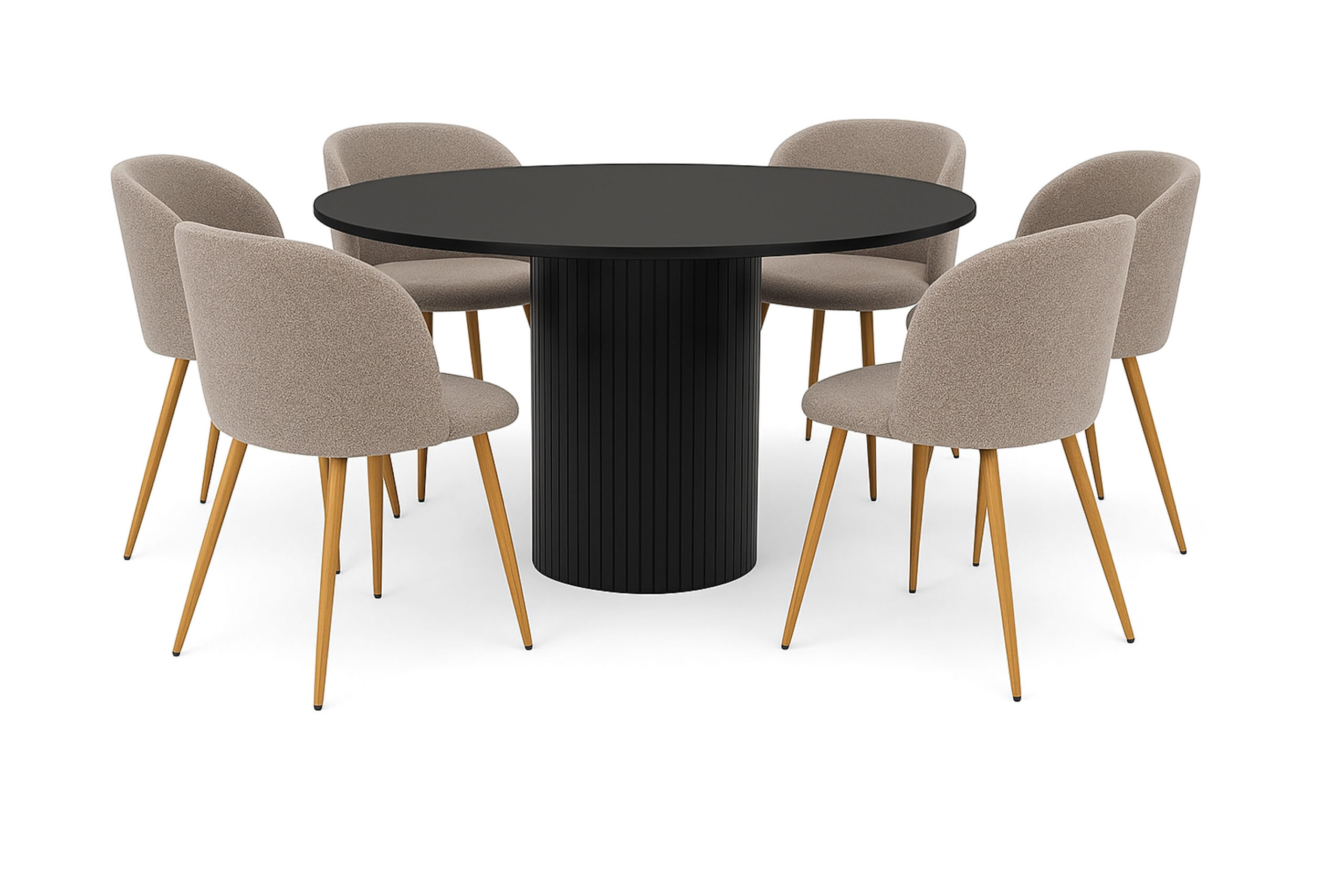 Kopparbo Rundt Spisebord 130 cm med 6 Greya Spisestole med armlæn - Sort træ / Greige Bouclé / Metalben Eg