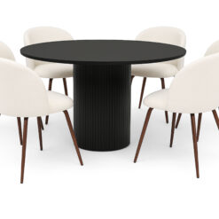 Kopparbo Rundt Spisebord 130 cm med 6 Greya Spisestole med armlæn - Sort træ / Hvid Bouclé / Metalben Valnød