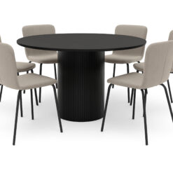 Kopparbo Rundt Spisebord 130 cm med 6 Katy Spisestole - Sort træ / Greige Bouclé / Metalben Sort