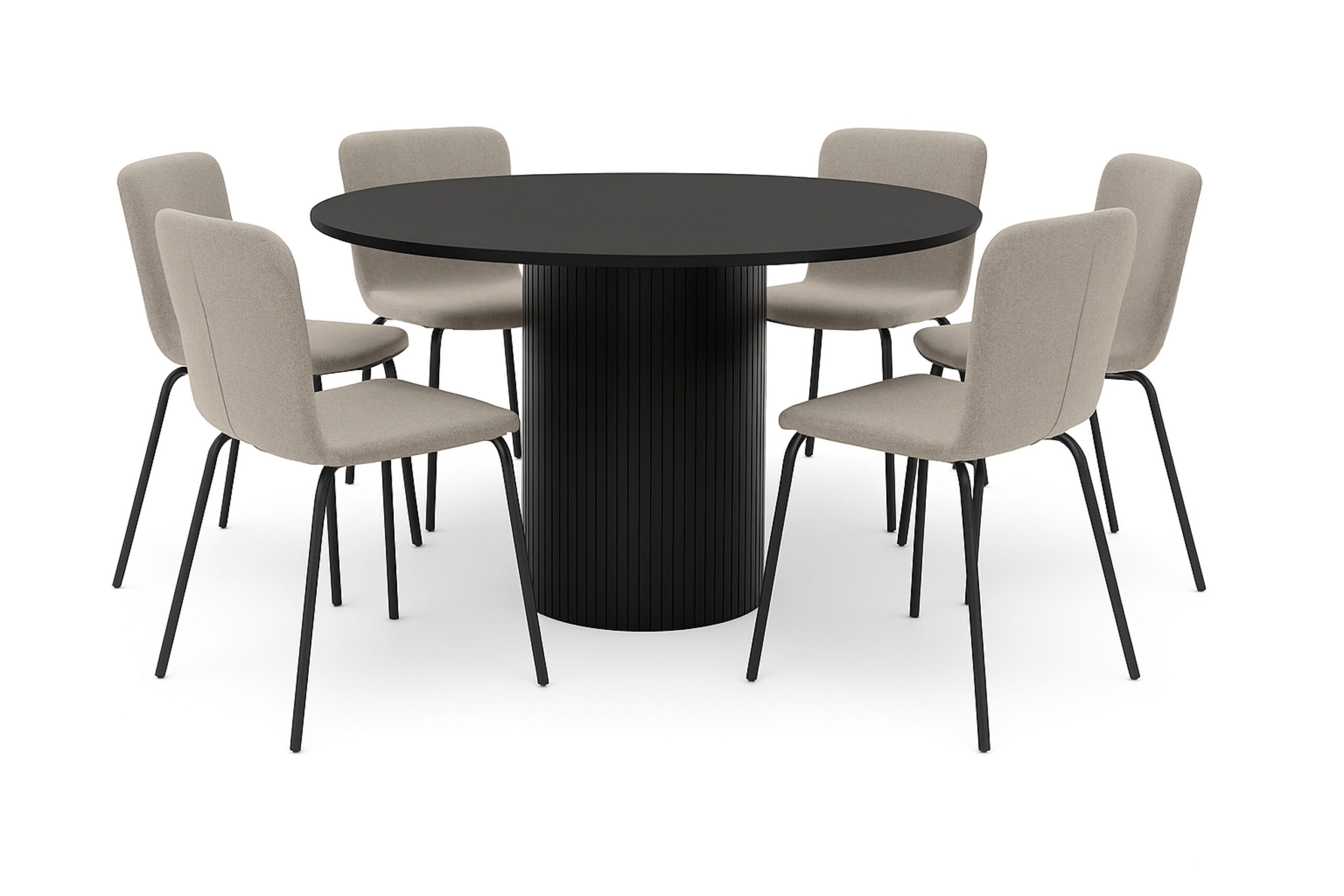 Kopparbo Rundt Spisebord 130 cm med 6 Katy Spisestole - Sort træ / Greige Bouclé / Metalben Sort