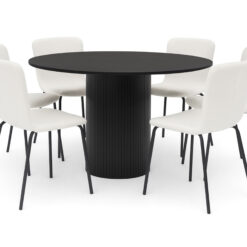 Kopparbo Rundt Spisebord 130 cm med 6 Katy Spisestole - Sort træ / Hvid Bouclé / Metalben Sort