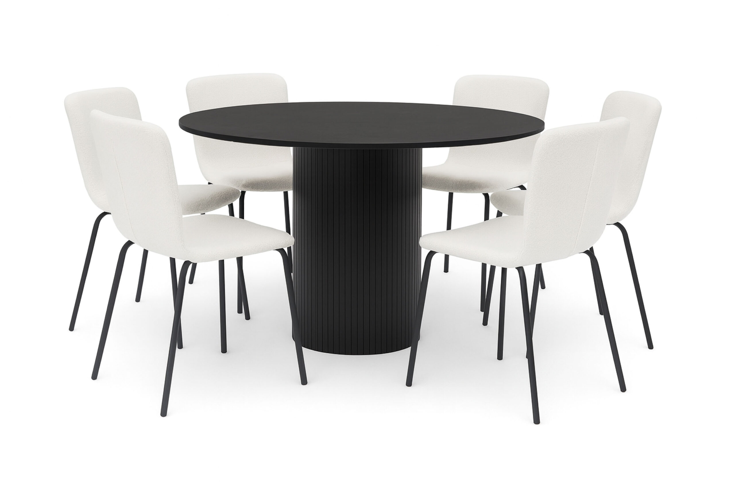 Kopparbo Rundt Spisebord 130 cm med 6 Katy Spisestole - Sort træ / Hvid Bouclé / Metalben Sort