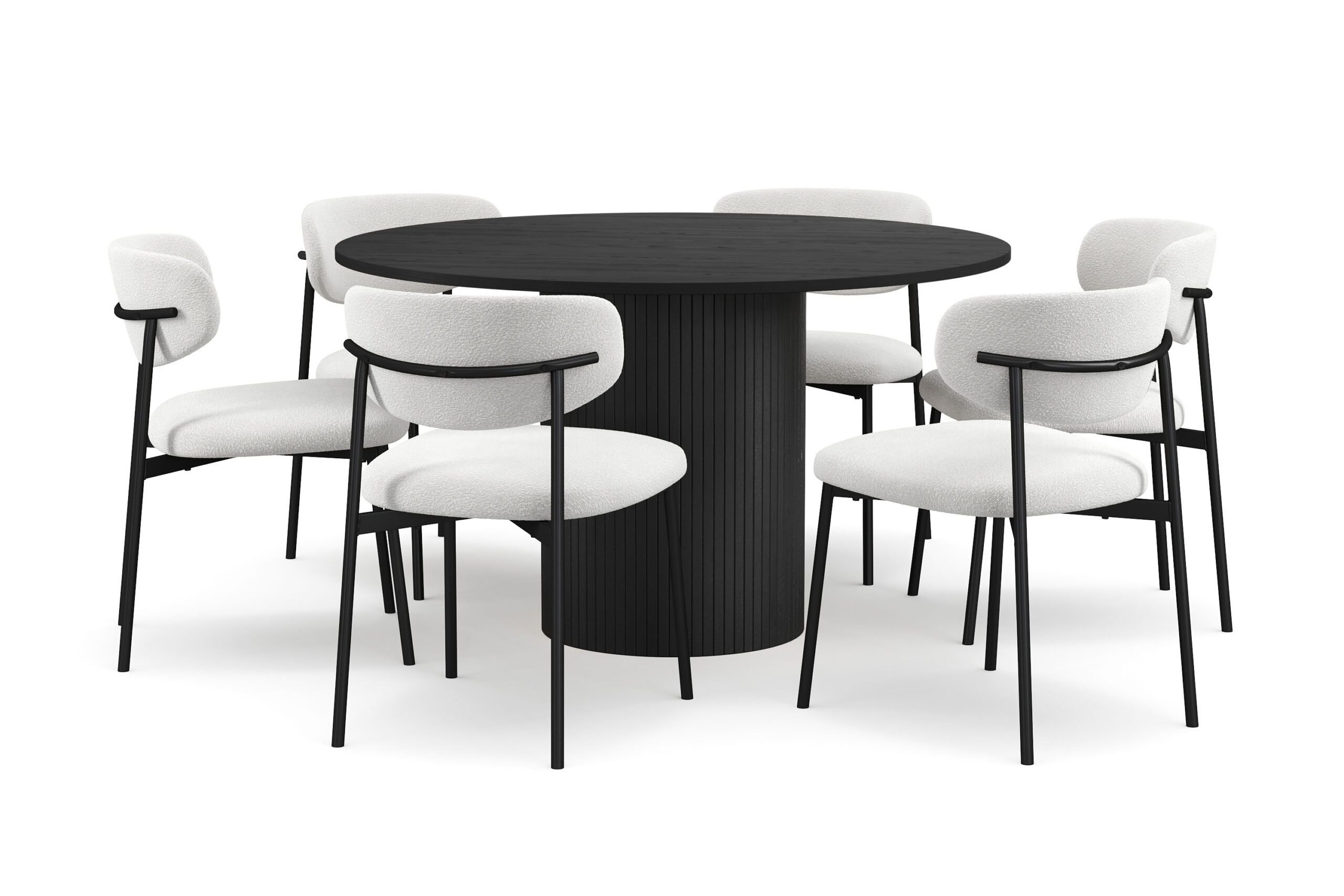 Kopparbo Rundt Spisebord 130 cm med 6 Lucy Spisestole - Sort træ / Hvid Bouclé / Metalben Sort