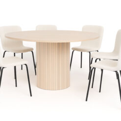 Kopparbo Rundt Spisebord 150 cm med 4 Katy Spisestole - Hvid / Hvid Bouclé / Metalben Sort