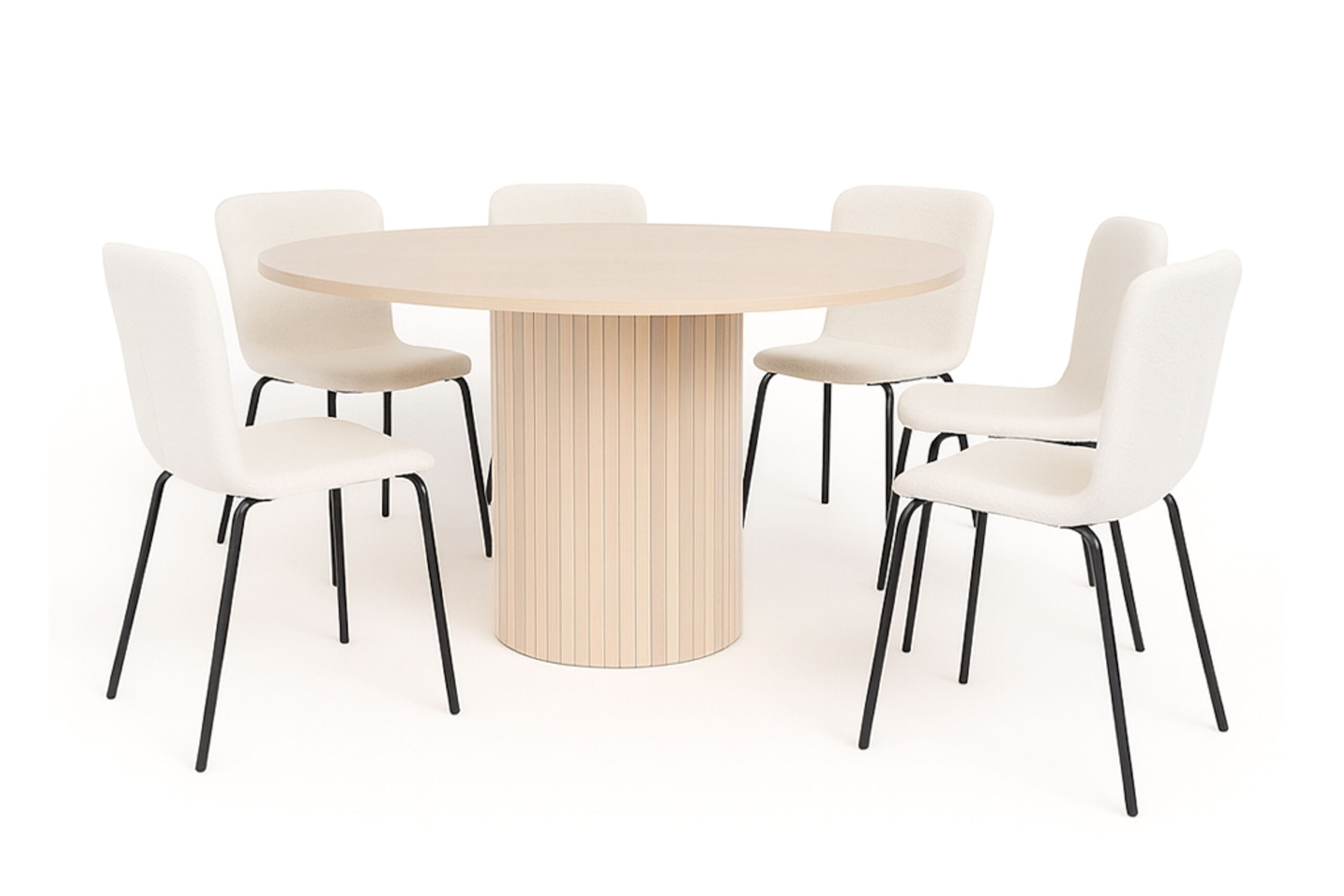 Kopparbo Rundt Spisebord 150 cm med 4 Katy Spisestole - Hvid / Hvid Bouclé / Metalben Sort