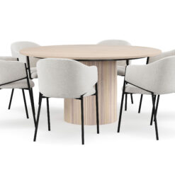 Kopparbo Rundt Spisebord 150 cm med 6 Filip Spisestole - Hvid / Hvid Bouclé