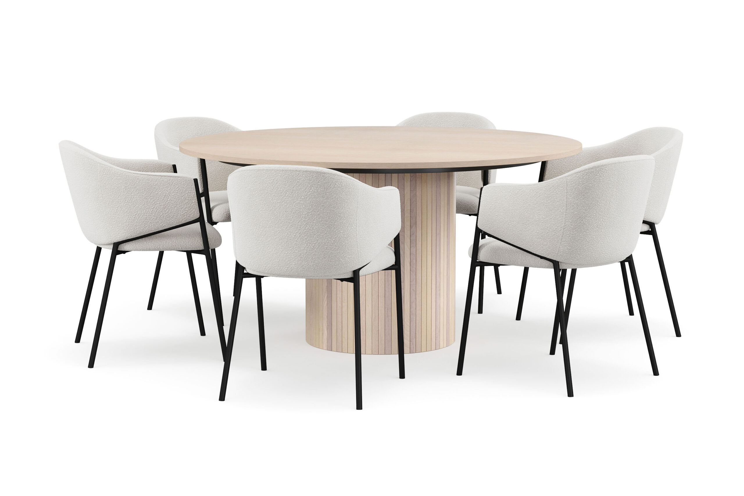 Kopparbo Rundt Spisebord 150 cm med 6 Filip Spisestole - Hvid / Hvid Bouclé