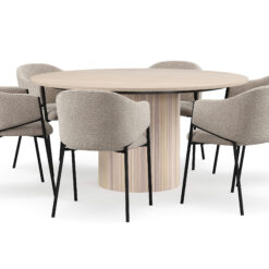 Kopparbo Rundt Spisebord 150 cm med 6 Filip Spisestole - Hvid / Taupe Bouclé