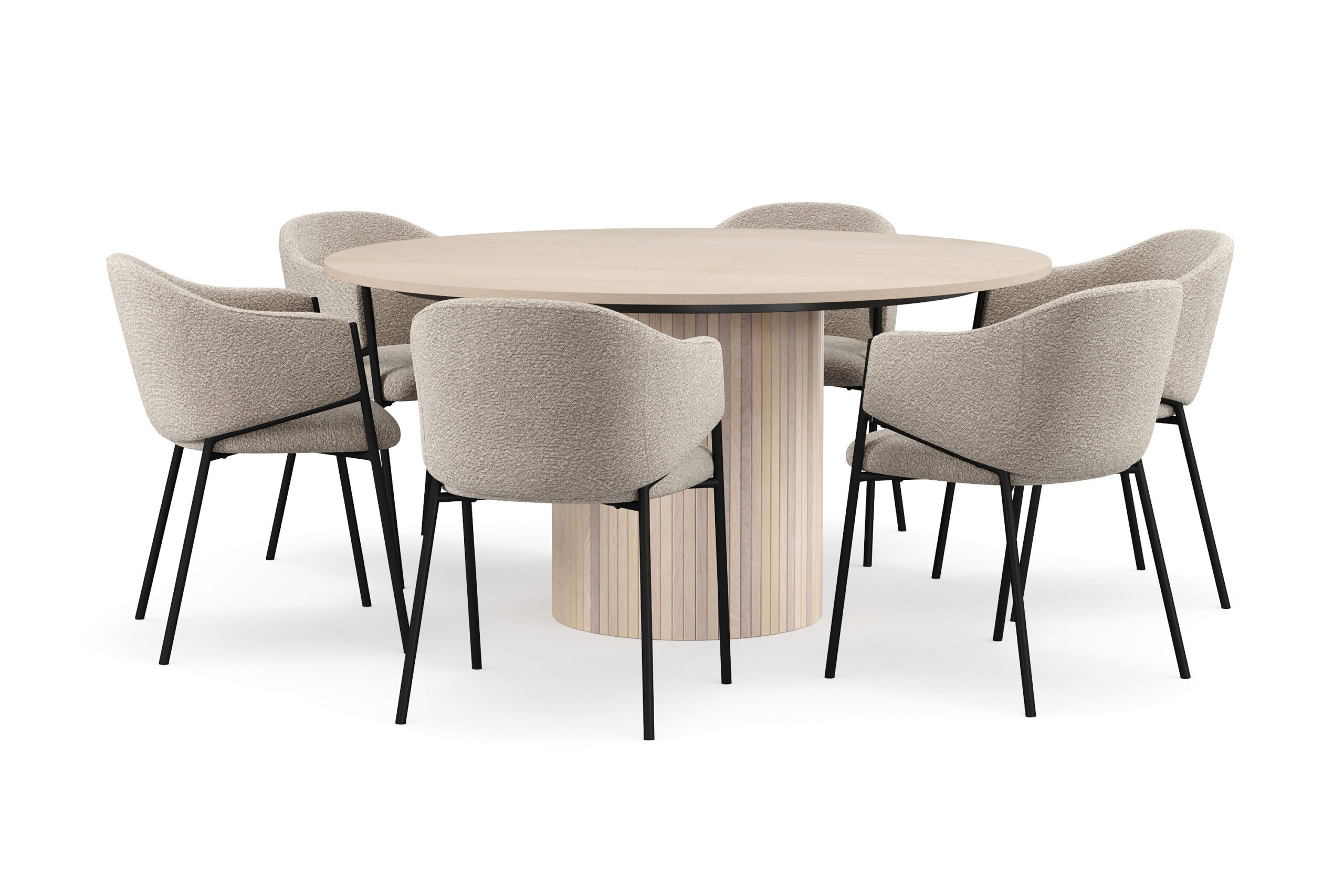 Kopparbo Rundt Spisebord 150 cm med 6 Filip Spisestole - Hvid / Taupe Bouclé