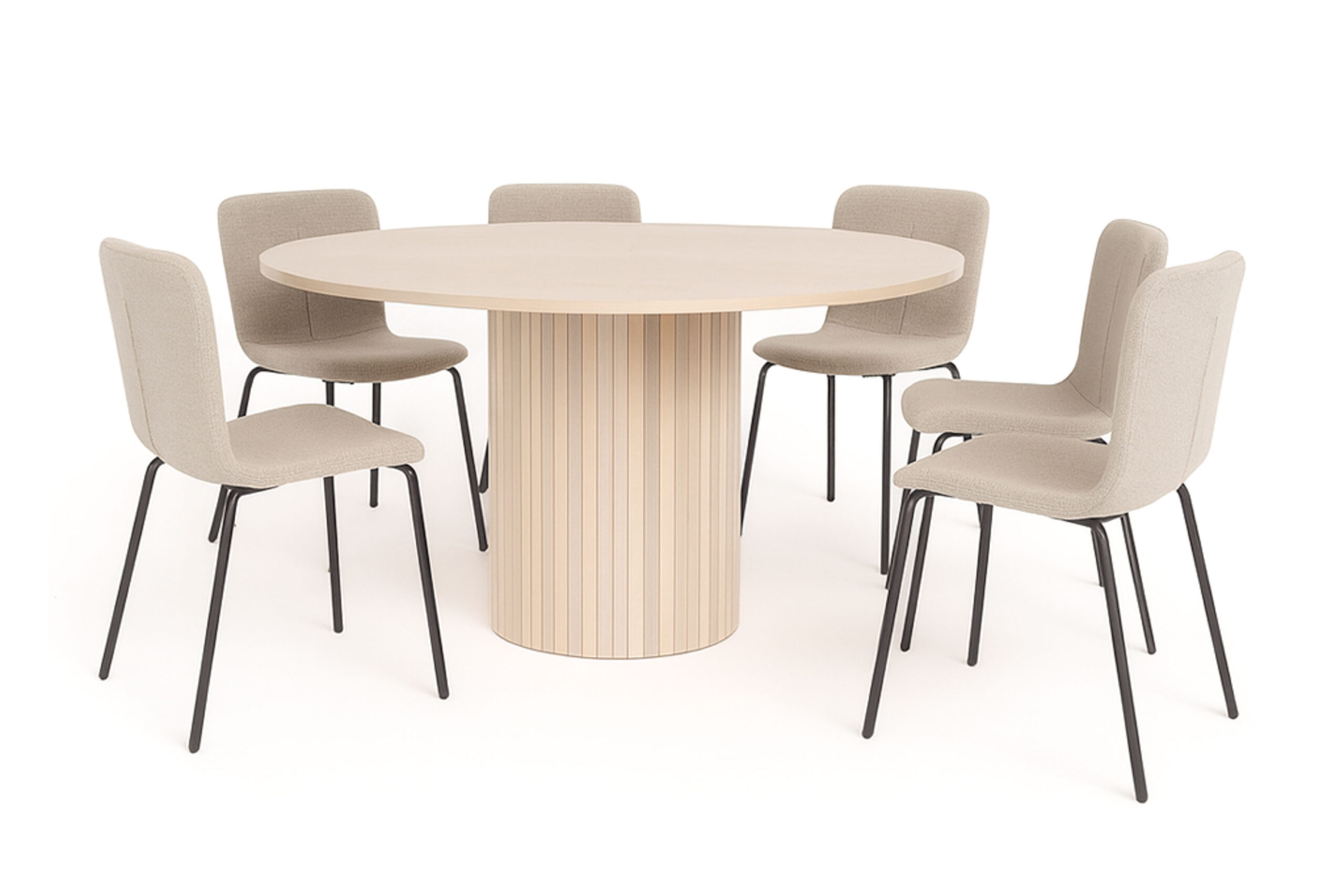 Kopparbo Rundt Spisebord 150 cm med 6 Katy Spisestole - Hvid / Greige Bouclé / Metalben Sort