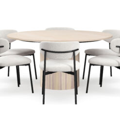 Kopparbo Rundt Spisebord 150 cm med 6 Lucy Spisestole - Hvid / Hvid Bouclé / Metalben Sort