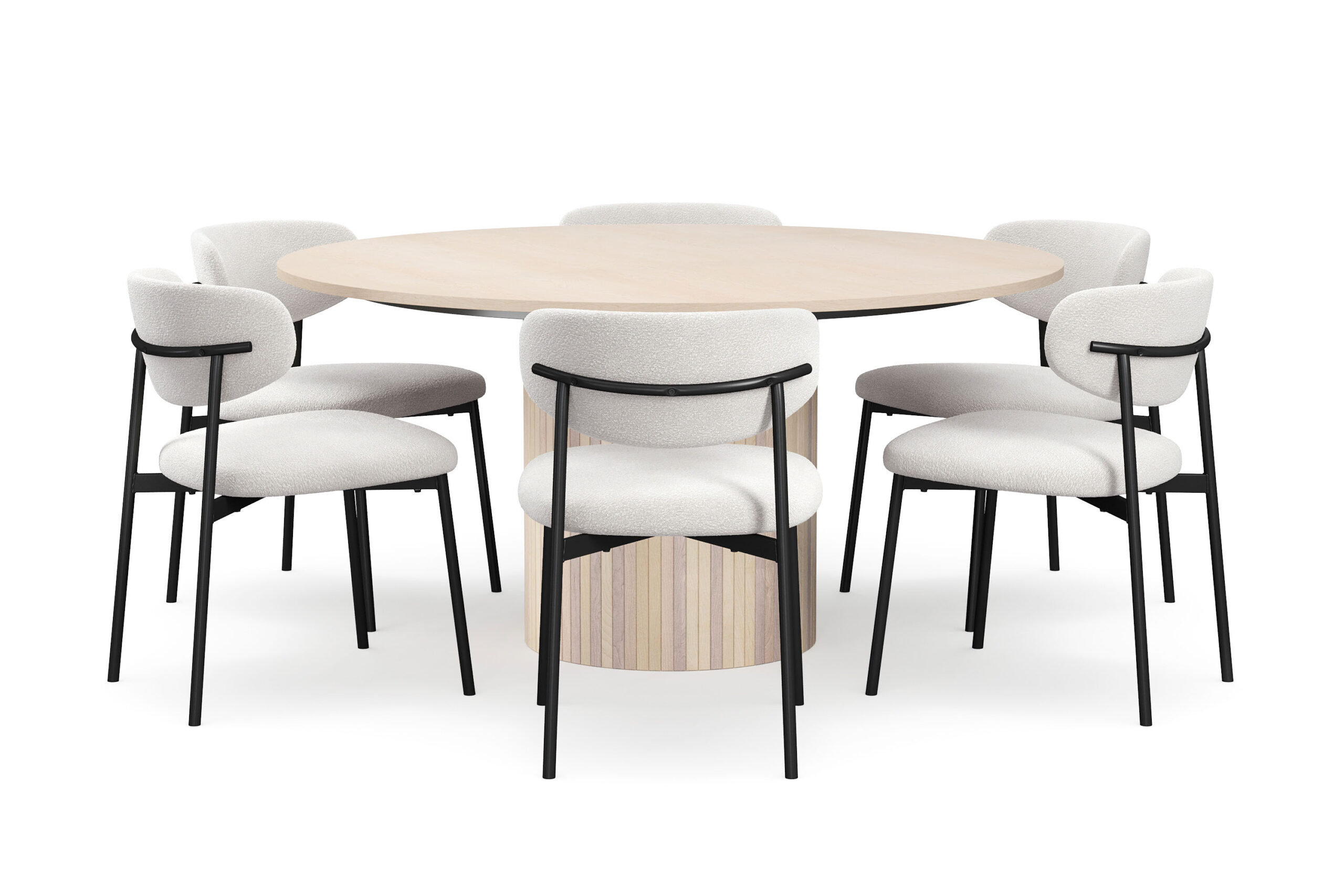 Kopparbo Rundt Spisebord 150 cm med 6 Lucy Spisestole - Hvid / Hvid Bouclé / Metalben Sort