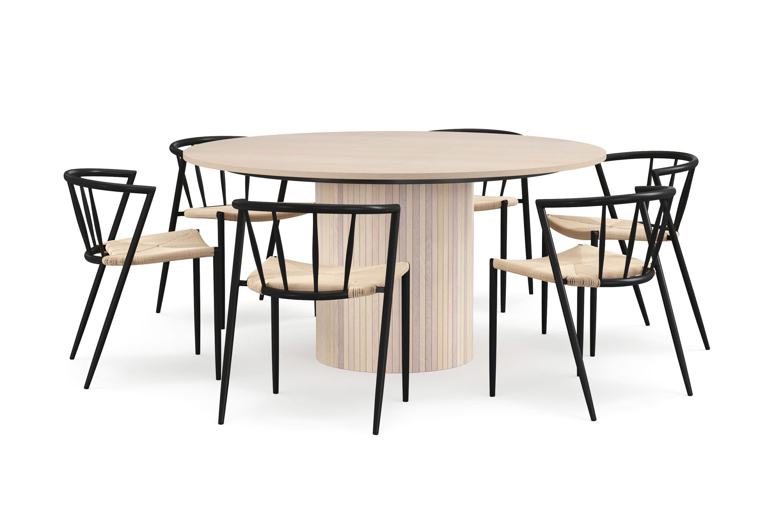 Kopparbo Rundt Spisebord 150 cm med 6 Winston Spisestole - Hvid / Beige / Metalben Sort