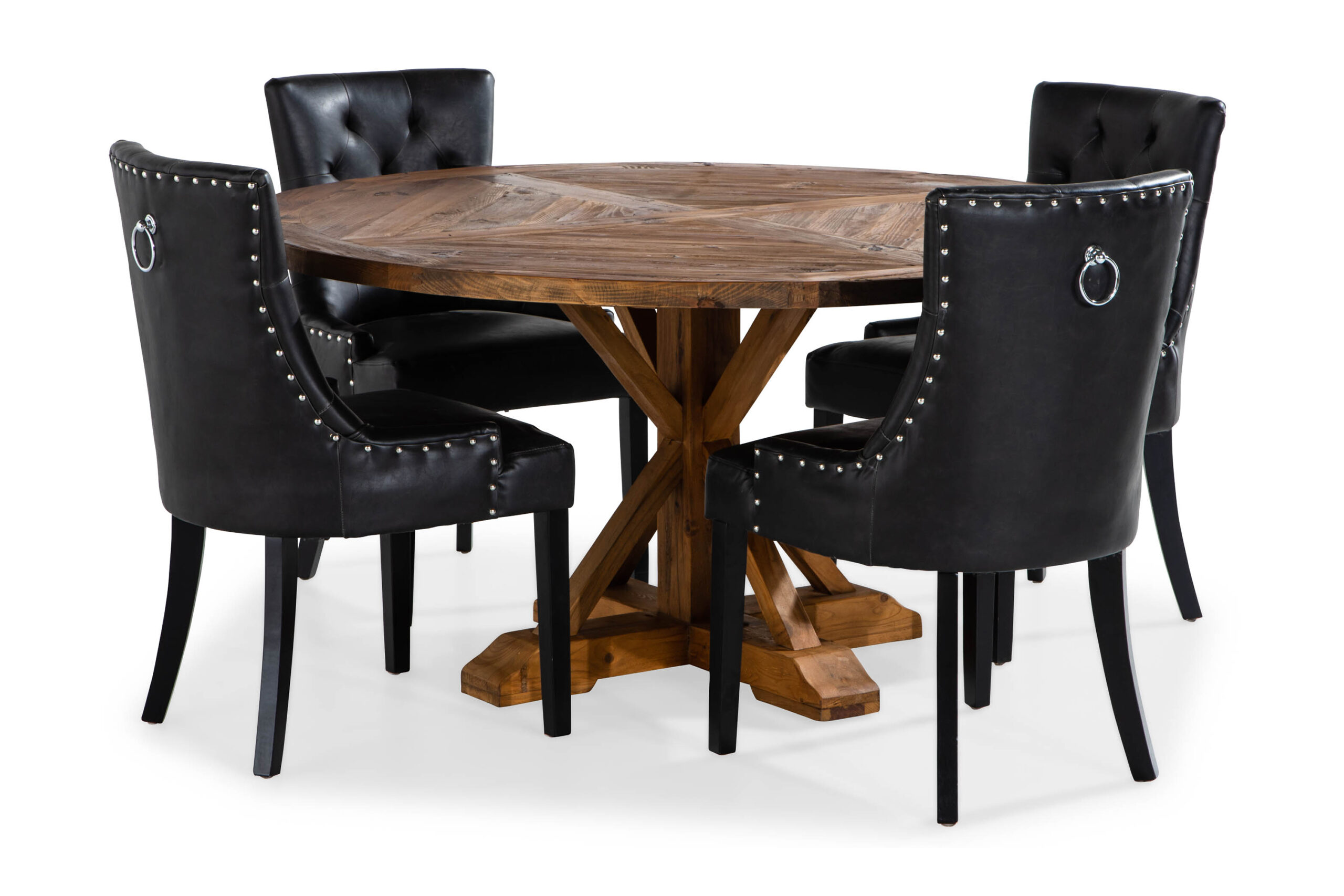 Lyon Spisebordssæt Ø150 cm Rund med 4 stk Tuva Stole - Vintage Elmetræ/Sort