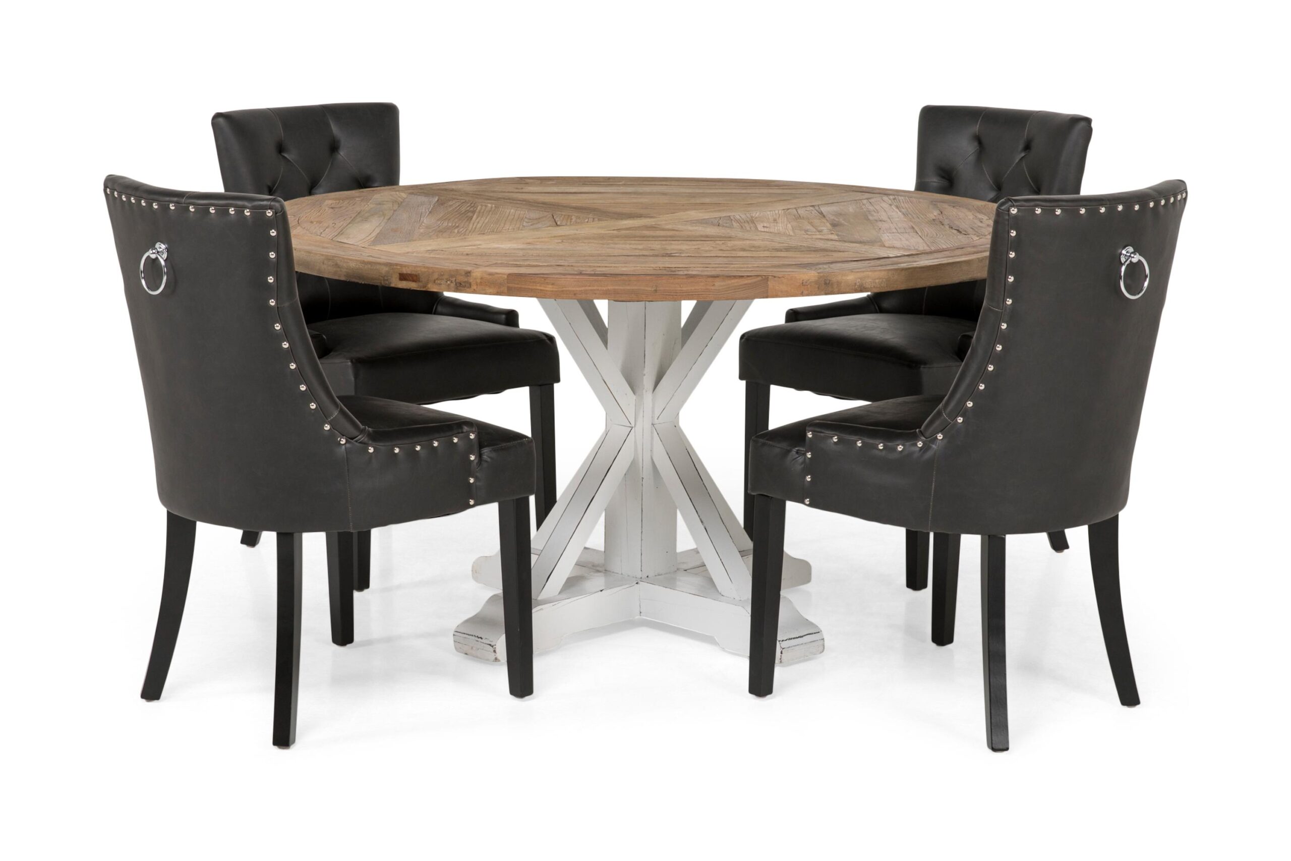 Lyon Spisebordssæt Ø150 cm Rund med 4 stk Tuva Stole - Vintage Natur/Hvid/Sort