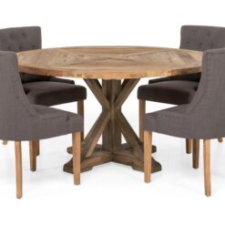 Lyon Spisebordssæt Ø150 cm Rund med 4 stk Viktoria Stole - Vintage Elmetræ/Grå