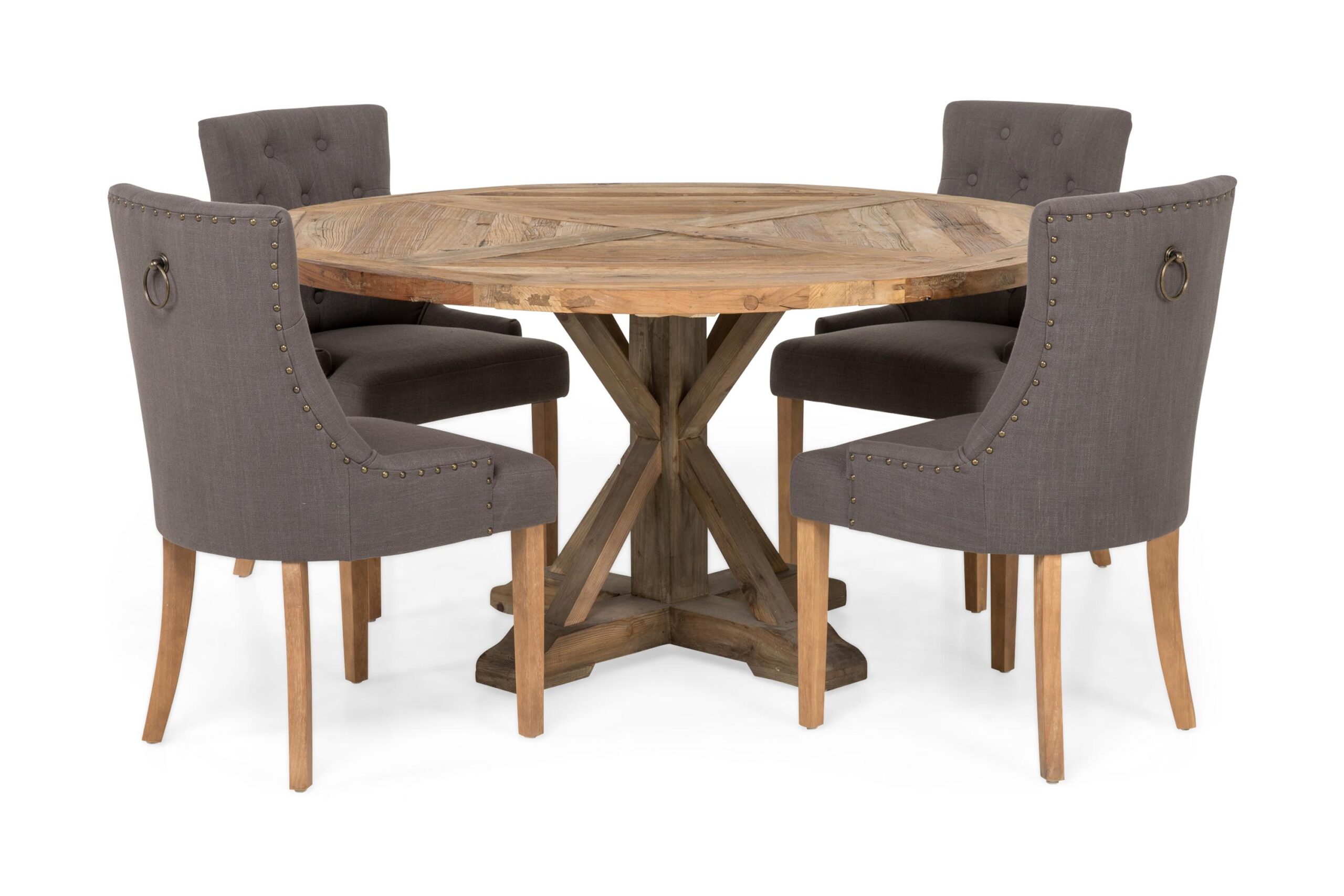 Lyon Spisebordssæt Ø150 cm Rund med 4 stk Viktoria Stole - Vintage Elmetræ/Grå