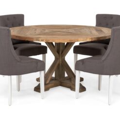 Lyon Spisebordssæt Ø150 cm Rund med 4 stk Viktoria Stole - Vintage Elmetræ/Grå/Hvid