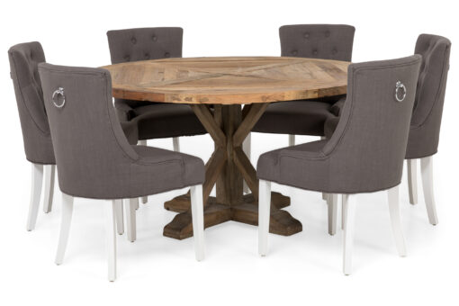 Lyon Spisebordssæt Ø150 cm Rund med 6 stk Viktoria Stole - Vintage Elmetræ/Grå/Hvid